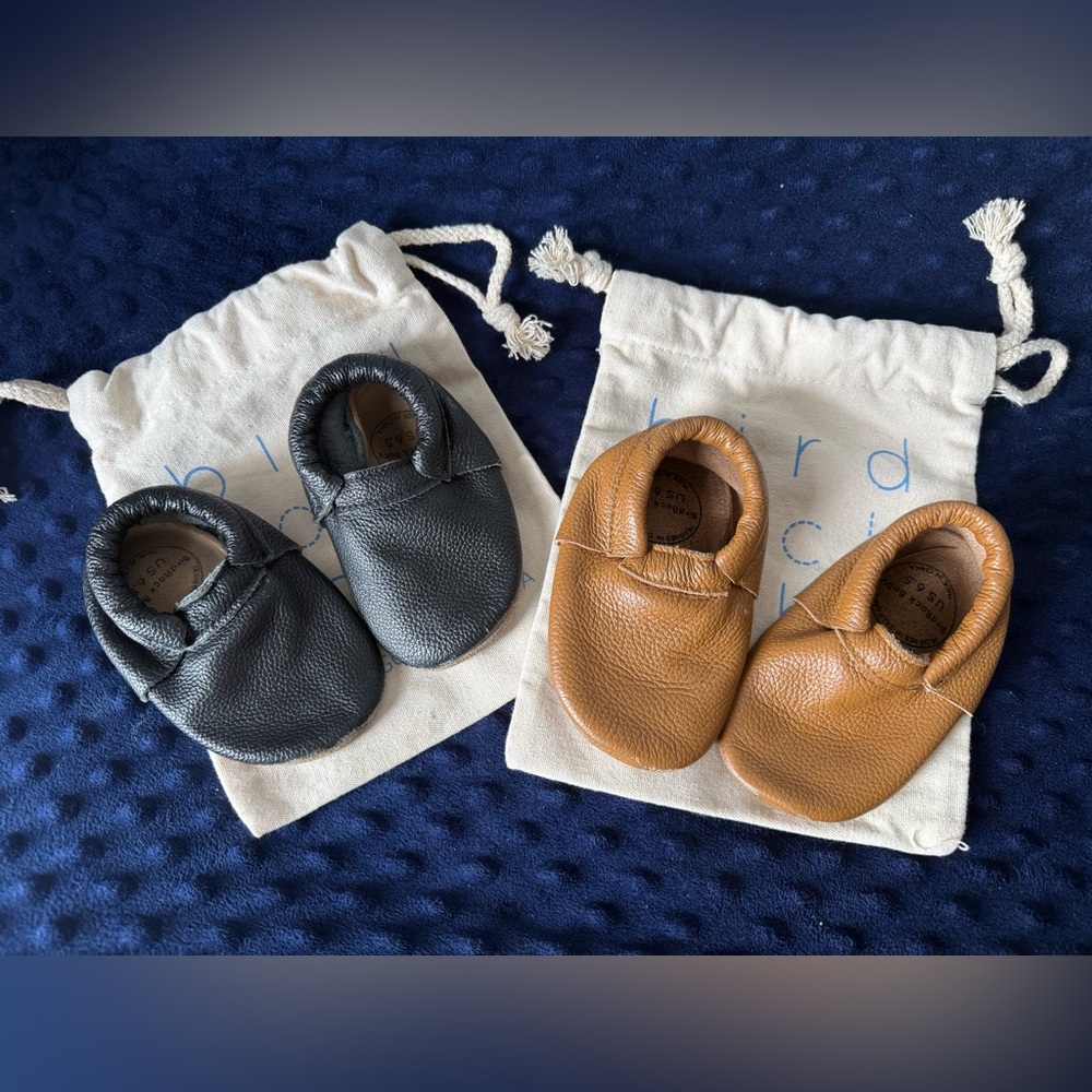 Lot Of 2 Bird Rock Baby genuine leather Moccasin Booties Size 6.5 Brown Black